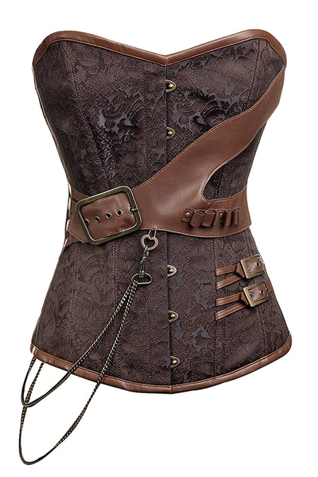 Steampunk-Inspired Brown Brocade Longline Overbust Corset with Faux Leather Accents