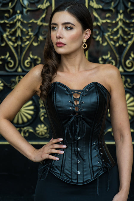 Black Satin Corset Top With Waterfall Sleeves