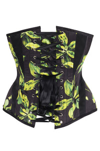 Green and Black Floral Print Overbust Corset with Side Zip