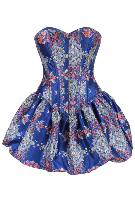 Royal Sapphire Corset Dress with Pink Floral Accents