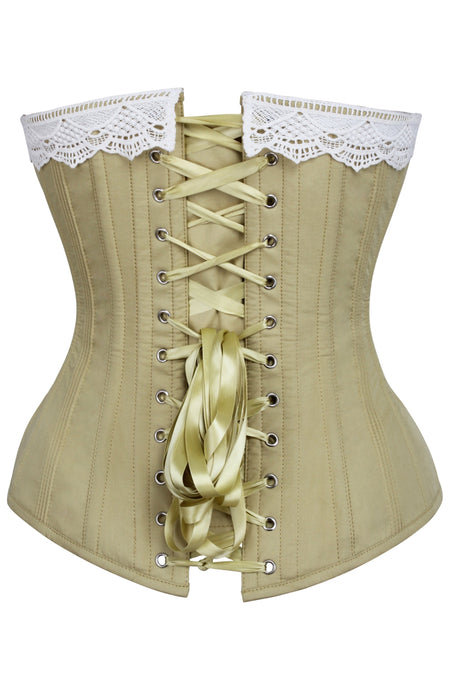 Historically Inspired Taupe Green Longline Corset with Lace Trim