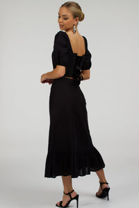 Corset Story SC-049 Fern Black Linen Cropped Corset With Puff Sleeves