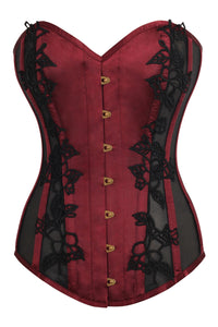 Burgundy Longline Overbust Corset with Black Lace and Mesh Panels