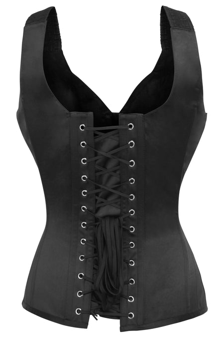 Corset Story BC-008 Black Satin Overbust Corset with Shoulder Straps and Zip