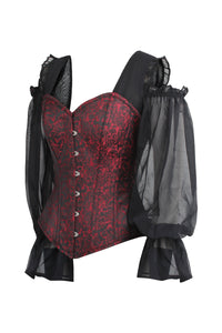 Corset Story BC-015 Red and Black Brocade Corset Top with Long Chiffon Sleeves