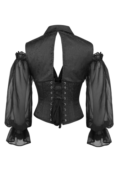 Black Satin Corset Top With Waterfall Sleeves