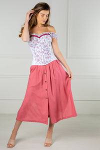 Corset Story FTS150 Floral Puff Sleeve Summer Overbust Corset With Raspberry Pink Trim