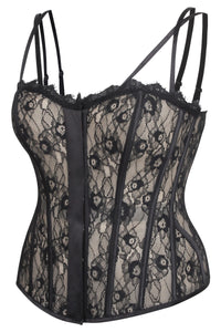 Clementine Black Satin and Lace Overbust Corset with Spaghetti Straps