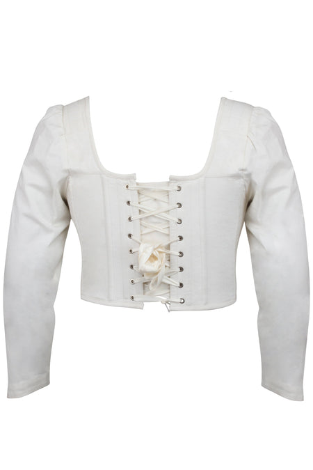Theodora Whisper White Stretch Cotton Corset Top with Long Sleeves