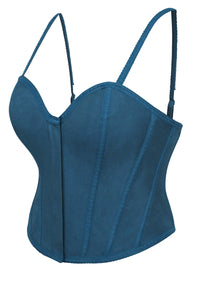 Dorothea Corsair Blue Viscose and Lace Cropped Overbust Corset with Spaghetti Straps