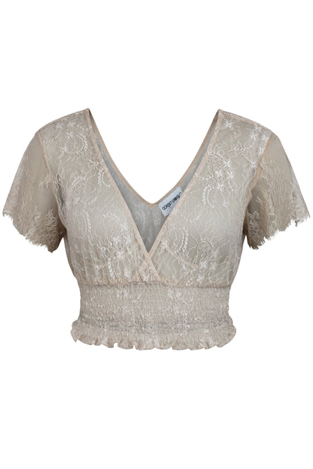 Ada Champagne Lace Cropped Top with Deep V Neckline