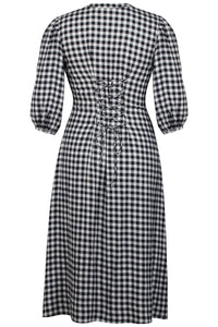 Rosemary Black Gingham Viscose Shirt Dress with Corset-Inspired Lacing